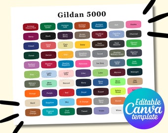 Könnte beinhalten: Eine Farbkarte für Gildan 5000 T-Shirts, die eine Vielzahl von Farben in einem Rasterformat zeigt. Die Karte enthält alle Farben von 2024 und ist mit "Editierbare Canva-Vorlage" beschriftet.