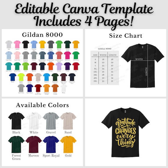 Gildan 8000 Color Chart & Size Chart, Editable Canva Template