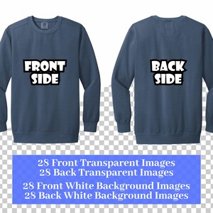 May include: A blue long-sleeved sweatshirt with the words "FRONT SIDE" printed on the front and "BACK SIDE" printed on the back.