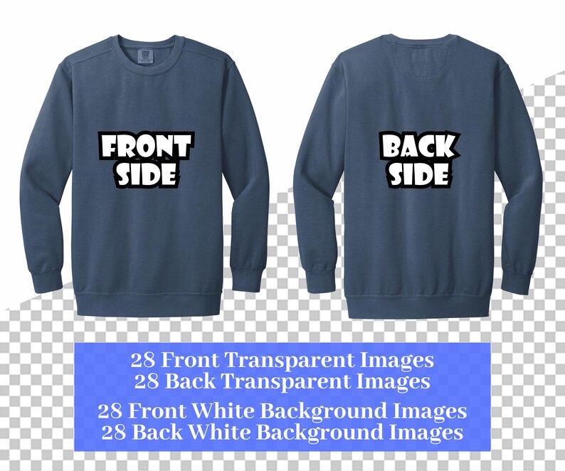 May include: A blue long-sleeved sweatshirt with the words "FRONT SIDE" printed on the front and "BACK SIDE" printed on the back.