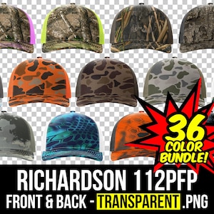 May include: A collection of Richardson 112PFP trucker hats in various camouflage and patterned designs. The hats feature mesh backs and curved brims. The image includes a red and yellow burst graphic with the text "36 COLOR BUNDLE!"
