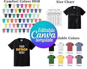 Coloris modifiables Comfort Colors 9018, nuancier et tableau des tailles, modèle Canva, modèle de nuancier C9018, tableau des tailles 9018, lot de maquettes