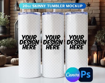 Halloween-mockup för tumbler: 20oz smal tumbler, mall för Photoshop och Canva