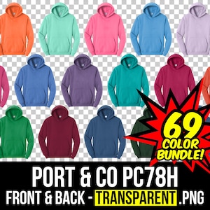 May include: A collection of hooded sweatshirts in various colors, including orange, blue, green, and pink. The image includes the text "69 COLOR BUNDLE!" and "PORT & CO PC78H FRONT & BACK - TRANSPARENT .PNG".