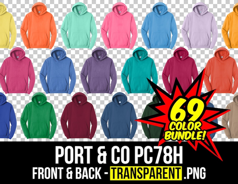 May include: A selection of hooded sweatshirts in a range of colours, such as orange, blue, green, and pink. The image includes the text "69 COLOR BUNDLE!" and "PORT & CO PC78H FRONT & BACK - TRANSPARENT .PNG".