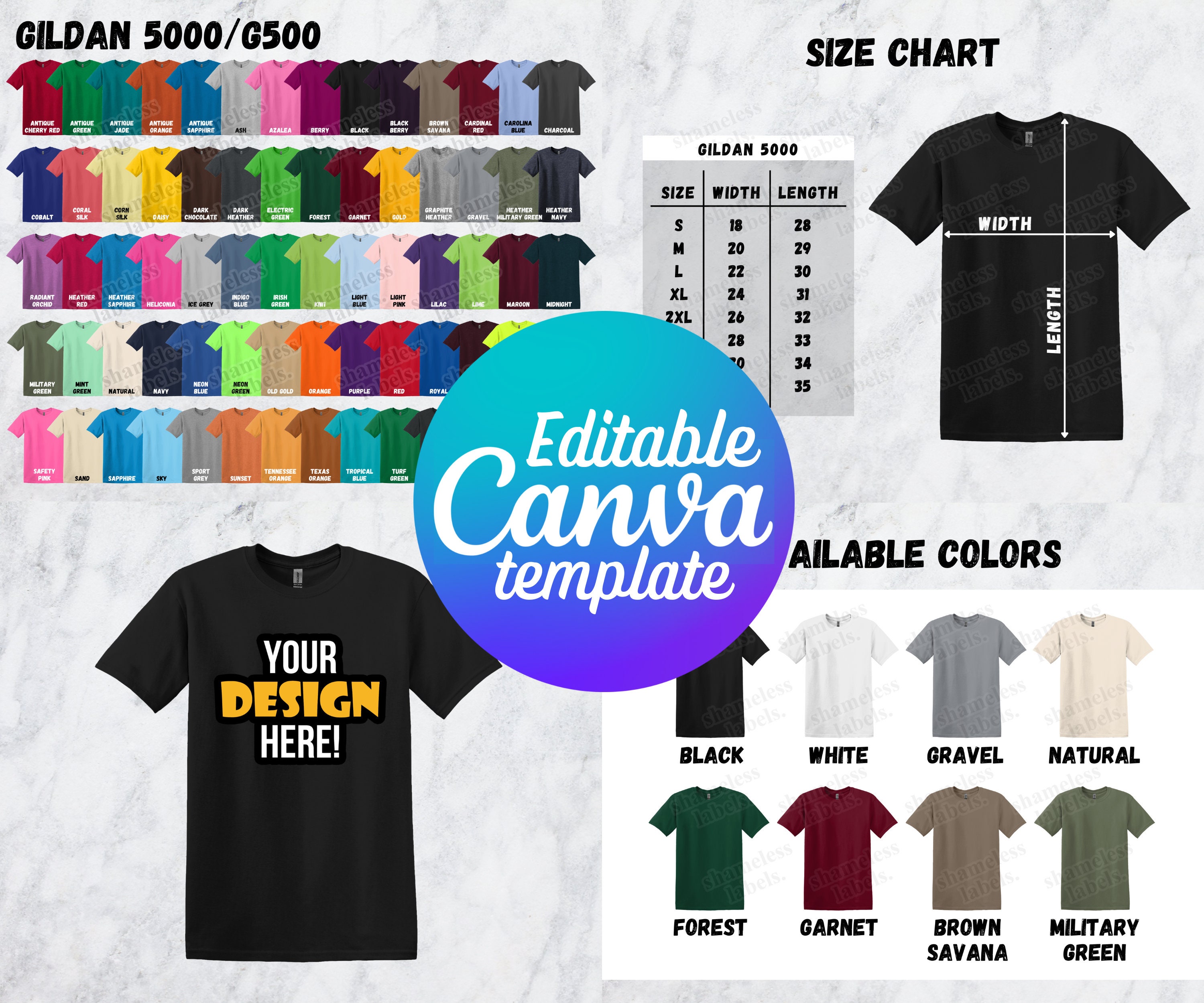 Editable Gildan 5000 Color Chart & Size Chart, Canva Template, G500 ...