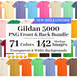 Gildan 5000 Front and Back Flat Lay Mockup Bundle, Transparent + White Backgrounds, All 71 Colors, T-shirt Mockups G500