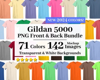 Gildan 5000 Front and Back Flat Lay Mockup Bundle, Transparent + White Backgrounds, All 71 Colors, T-shirt Mockups G500