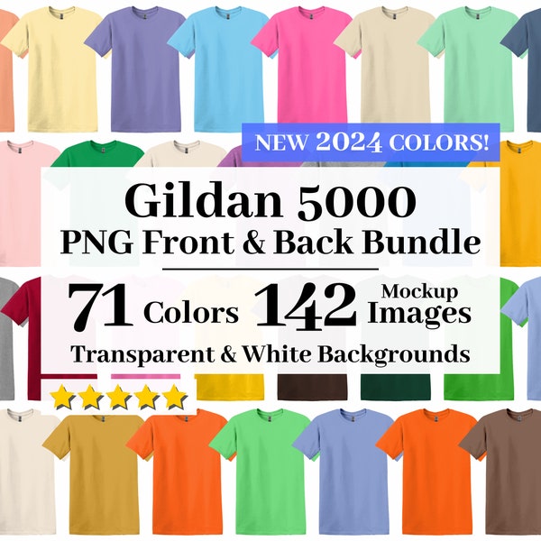 Gildan 5000 Front and Back Flat Lay Mockup Bundle, Transparent + White Backgrounds, All 71 Colors, T-shirt Mockups G500