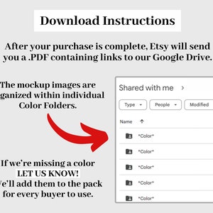 May include: Image with instructions for downloading digital files after purchase. Text includes "Download Instructions", "Etsy will send you a .PDF", and "Color Folders". A red arrow points to a Google Drive folder with color-coded files.