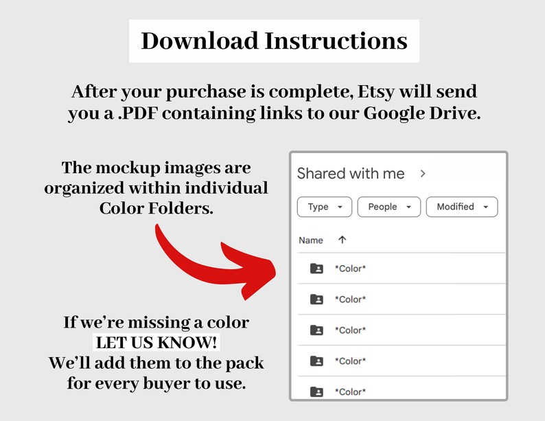May include: Image with instructions for downloading digital files after purchase. Text includes "Download Instructions", "Etsy will send you a .PDF", and "Color Folders". A red arrow points to a Google Drive folder with color-coded files.