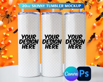 Halloween-mockup för tumbler: 20oz smal tumbler, Canva och Photoshop-mall