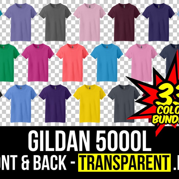 Gildan 5000L Front and Back Mockup Bundle, T Shirt Mockup PNG, G500L Transparent, Front and Back 5000L, Mock Up Bundle G500L