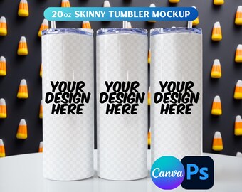 Halloween-mockup för tumbler: 20oz smal tumbler, mall för Photoshop och Canva
