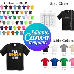 Bearbeitbare Gildan 5000B Farbkarte & Größentabelle, Canva-Vorlage, G500B Farbkarte Vorlage, 5000B Größentabelle, Mockup Bundle