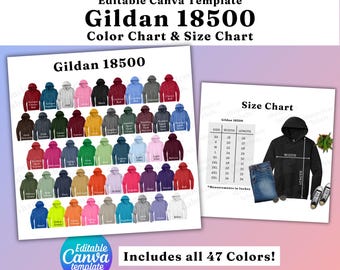 Gildan 18500 Color & Size Chart, EDITABLE Canva Template, 18500 Color Chart, G185 Size Chart