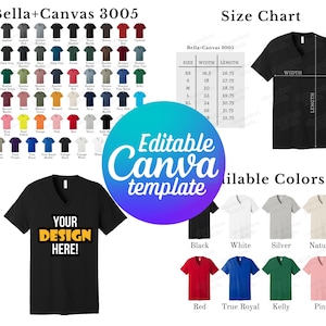 Tabla de colores y tallas Bella Canvas 3005 editables, incluye CVC, plantilla de Canva, plantilla de tabla de colores 3005, tabla de tallas 3005CVC