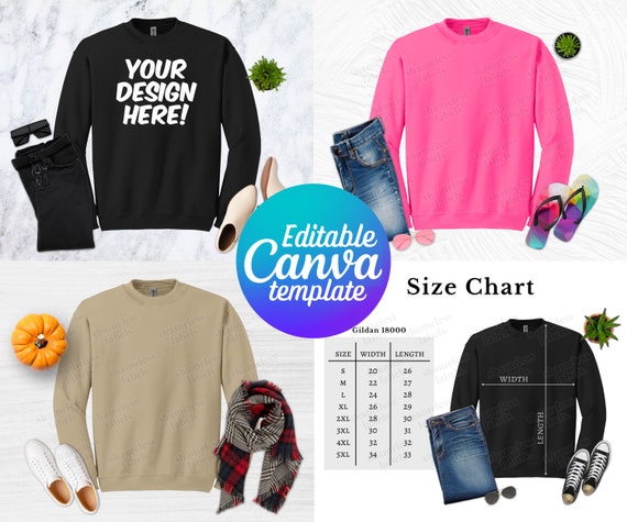 Editable Gildan 18000 Mockup, Canva Template, G180 Mockup Template, 18000 Size Chart, Gildan Mockup Bundle