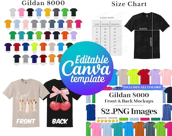Gildan 8000 färgkarta och storlekstabell, redigerbar Canva-mall, 8000 fram- och bakmockups, G800 platt lay-mockup, säljarpaket