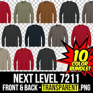 May include: A collection of long-sleeve shirts in various colors, including red, olive green, and black. The image includes the text "10 COLOR BUNDLE!" and "NEXT LEVEL 7211 FRONT & BACK - TRANSPARENT .PNG".