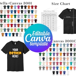 Bearbeitbare Bella Canvas 3001 Farbkarte und Größentabelle, enthält CVC, Canva-Vorlage, BC3001 Farbtabelle und Größentabelle
