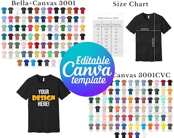 Editable Bella Canvas 3001 Color Chart & Size Chart, Includes CVC, Canva Template, BC3001 Color Chart Template, 3001C Size Chart