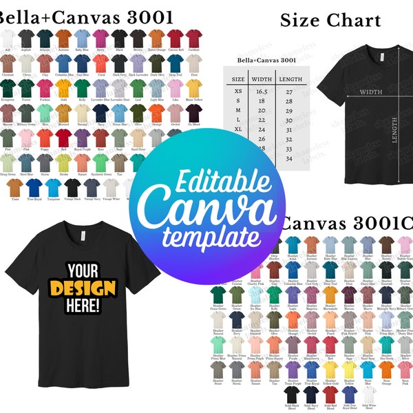 Editable Bella Canvas 3001 Color Chart & Size Chart, Includes CVC, Canva Template, BC3001 Color Chart Template, 3001C Size Chart