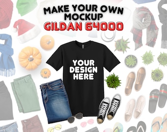 Bearbeitbar Gildan 64000 Mockup | G640 Canva-Vorlage, enthält Vorder- und Rückseite, bearbeitbare 64000-Farbkarte und Größentabelle, Flat Lay Mockup