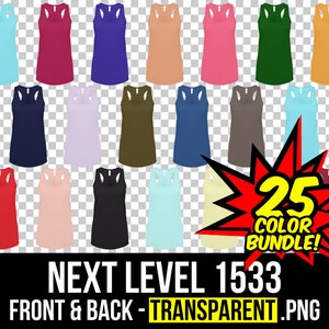 May include: A set of 25 tank tops in various colors, including red, blue, green, and yellow. The tank tops are arranged in rows and columns on a transparent background. The text "NEXT LEVEL 1533 FRONT & BACK - TRANSPARENT .PNG" is displayed below the tank tops.