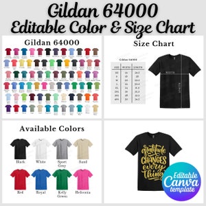 Gildan 64000 Farbkarte & Größentabelle, bearbeitbare Canva-Vorlage, G640 Farbkarte, G640 Größentabelle, Gildan 64000 Bundle