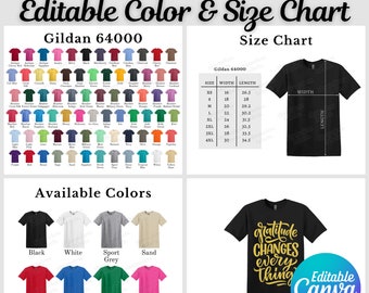 Gildan 64000 Color Chart & Size Chart, Editable Canva Template, G640 Color Chart, G640 Size Chart, Gildan 64000 Bundle