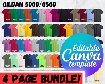Könnte beinhalten: Eine Farbkarte für Gildan 5000/G500 T-Shirts. Die Karte zeigt 48 verschiedene Farben, darunter Antikes Kirschrot, Antikes Grün, Antikes Jade, Antikes Orange, Antikes Saphir, Asche, Azalee, Beere, Schwarz, Schwarze Beere, Braune Savanne, Kardinalrot, Carolina Blau, Anthrazit, Kobalt, Korallen Seide, Seidenmais, Gänseblümchen, Dunkle Schokolade, Dunkle Heather, Elektrisches Grün, Wald, Granat, Gold, Heather Navy, Strahlende Orchidee, Heather Rot, Heather Saphir, Heliconia, Eisgrau, Indigo Blau, Irisch Grün, Kiwi, Militärgrün, Minzgrün, Natur, Marine, Neon Blau, Neon Grün, Altgold, Orange, Lila, Weiß und Gelber Schleier. Die Karte ist mit "Editierbare Canva-Vorlage" und "4-seitiges Paket!" beschriftet.