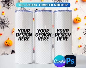 Halloween-mockup för 20oz-glas, Halloween-mockup för smalt glas i Photoshop, Halloween-mockup för glas, dra-och-släpp-mall i Canva