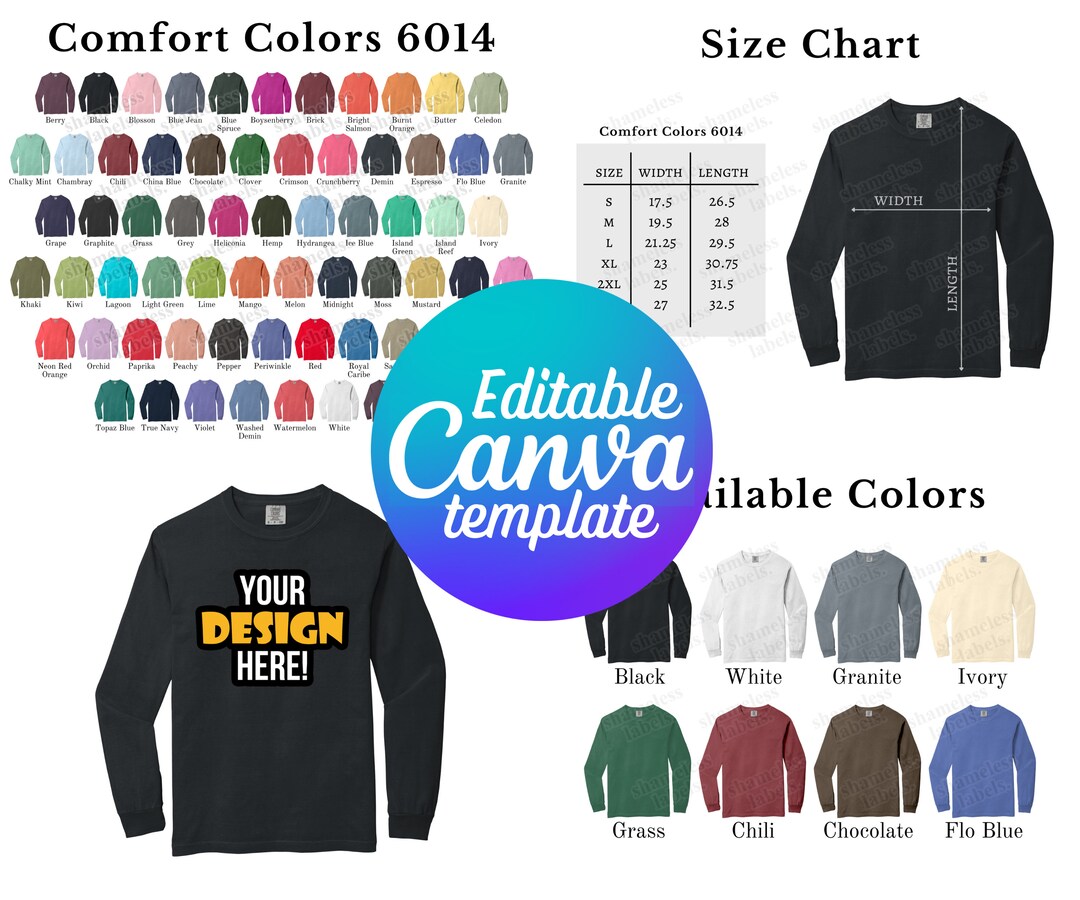 Editable Comfort Colors 6014 Color Chart & Size Chart, Canva Template ...