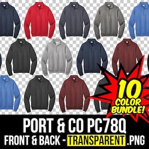 May include: A collection of ten different colored Port &amp; Co PC78Q quarter-zip sweatshirts. Colors include navy, red, gray, blue, black, and burgundy. The image includes the text "10 COLOR BUNDLE!" and "PORT &amp; CO PC78Q FRONT &amp; BACK - TRANSPARENT .PNG".