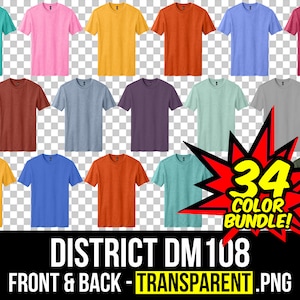 May include: A mockup of 34 different colour t-shirts, featuring a variety of colours, including teal, pink, yellow, orange, blue, and red. The t-shirts are all the same style, with a crew neck and short sleeves. The text "34 Colour Bundle!" is displayed in a red starburst shape.