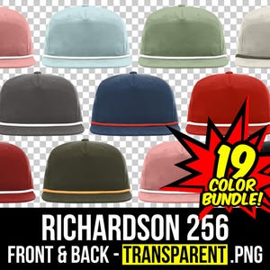 May include: A collection of Richardson 256 snapback hats in various colors, including red, blue, green, and black. Each hat features a flat brim and a white or colored rope detail. The image includes text that says "19 COLOR BUNDLE!" and "FRONT & BACK - TRANSPARENT .PNG".