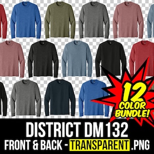 May include: A collection of long-sleeved crew neck shirts in various colors, including red, blue, and gray. The image includes the text "12 COLOR BUNDLE!" and "DISTRICT DM 132 FRONT & BACK - TRANSPARENT .PNG".
