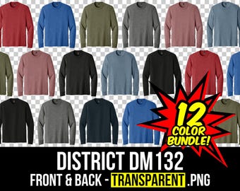 Distrikt DM132 Mockup-paket fram och bak, långärmad T-shirt-mockup PNG, DM132-mall, Distrikt Mockup-paket DM132