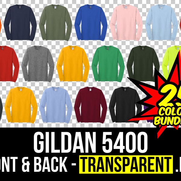 Gildan 5400 Front and Back Mockup Bundle, Long Sleeve T Shirt Mockup, G540 Transparent, Front and Back 5400, Mock Up Bundle G540