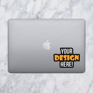 Laptop Sticker Mockup Marble Background Top View Back Cover Macbook Sticker Mock Up JPG Stock Photo Digital Download