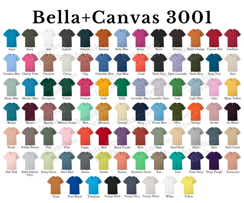 K&ouml;nnte beinhalten: Eine Tabelle mit 64 Farben von Bella + Canvas 3001 T-Shirts. Die Farben sind in Reihen und Spalten angeordnet, wobei der Farbname unter jedem Shirt steht.