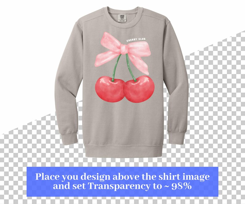 May include: A gray long-sleeve sweatshirt with a pink bow and two red cherries on the front. The text "CHERRY CLUB" is printed on the sweatshirt.
