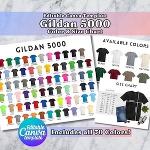 Editable Gildan 5000 Color Chart, Canva Template, G500 Color Chart, 5000 Size Chart