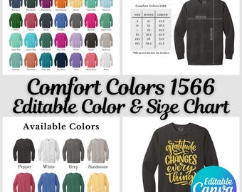 Comfort Colors 1566 Färgkarta och storlekstabell, Redigerbar Canva-mall, 1566 Färgkarta, 1566 Storlekstabell, Comfort Colors 1566-paket