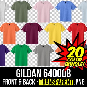 May include: A set of 20 blank Gildan 64000B t-shirts in various colors. The shirts are shown in a front and back view on a transparent background. "20 Color Bundle!" is written in a yellow speech bubble.