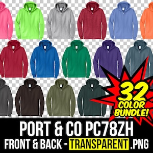 May include: A collection of zip-up hoodies in various colors, including pink, green, gray, red, blue, and orange. The image displays a "32 COLOR BUNDLE!" with the text "PORT & CO PC78ZH FRONT & BACK - TRANSPARENT .PNG".