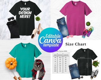 Editable Bella Canvas 3001 Mockup, Canva Template, BC3001 Mockup Template, 3001 Size Chart, Bella Canvas Mockup Bundle