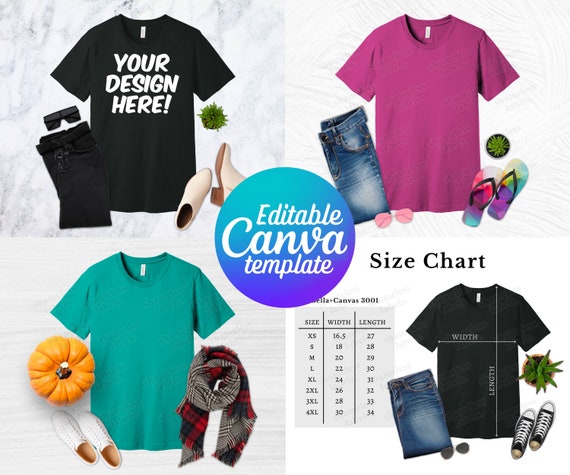 Editable Bella Canvas 3001 Mockup, Canva Template, BC3001 Mockup Template, 3001 Size Chart, Bella Canvas Mockup Bundle