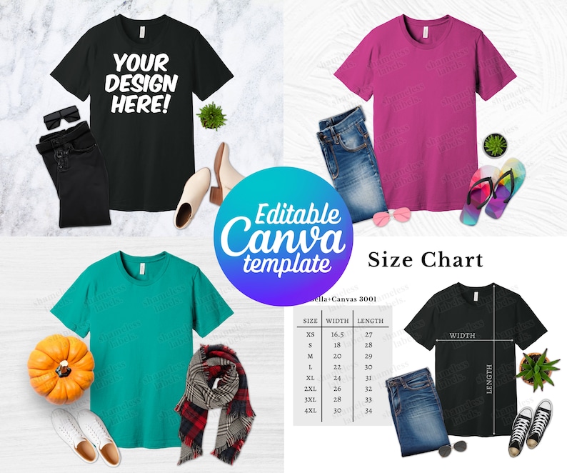 K&ouml;nnte beinhalten: Eine Gr&ouml;&szlig;entabelle f&uuml;r Bella+Canvas 3001 T-Shirts, die die Breite und L&auml;nge in Zoll f&uuml;r die Gr&ouml;&szlig;en XS bis 4XL angibt. Die Tabelle wird auf einem wei&szlig;en Hintergrund mit Mockups von T-Shirts in Pink, T&uuml;rkis und Schwarz angezeigt.